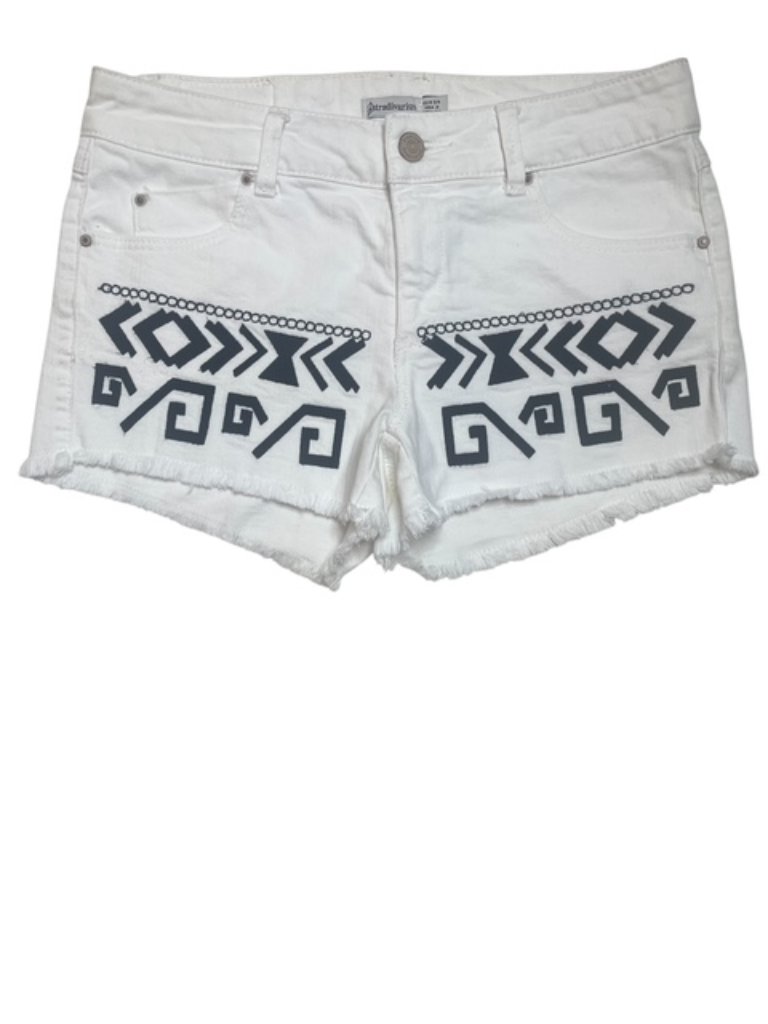 Stradivarius Denim Aztec Embroidered Frayed Hem White Jean Shorts - Size 2